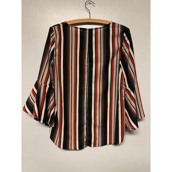 Women's She + Sky Blouse S Striped Black Red Bell Sleeve - Picture 3 of 4